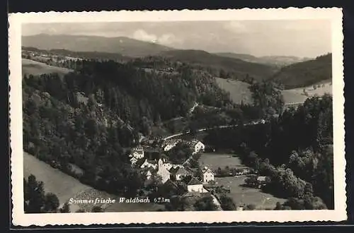 AK Waldbach, Ortsansicht von einem Berg aus gesehen