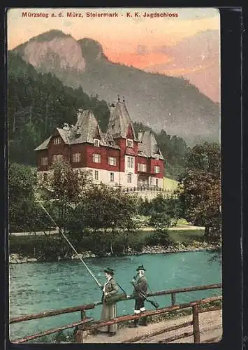 AK Mürzsteg a.d. Mürz, Angler am Fluss vor dem K.K. Jagdschloss