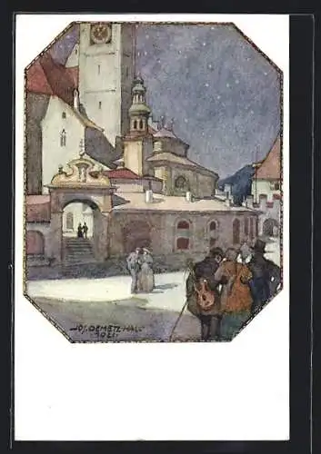 Künstler-AK Hall in Tirol, Partie am oberen Stadtplatz