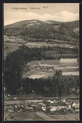 AK Langenwang, Totalansicht mit Kirche über Felder auf Berg