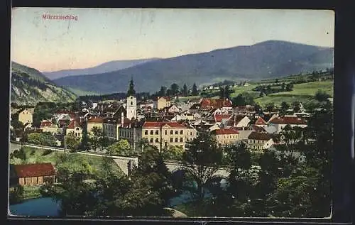 AK Mürzzuschlag, Blick auf Brücke und Kirche
