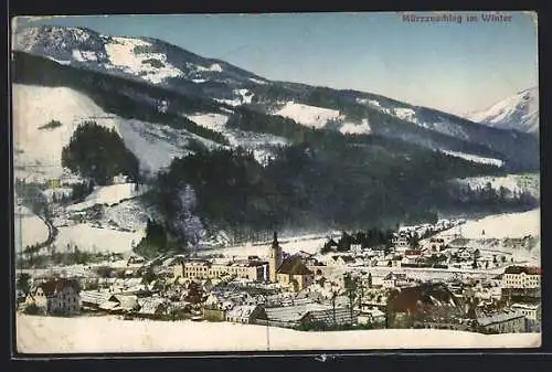 AK Mürzzuschlag, Panorama im Winter, Kirche