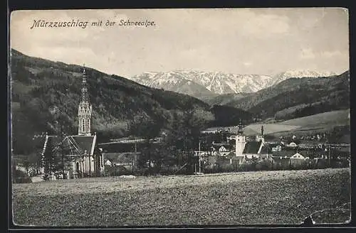 AK Mürzzuschlag, Teilansicht mit Kirche und Schneealpe