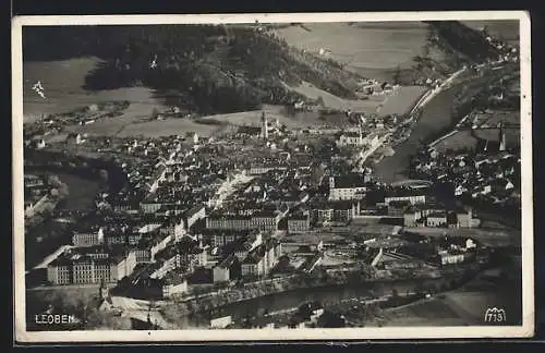 AK Leoben, Ortsansicht mit Kirche aus der Vogelschau