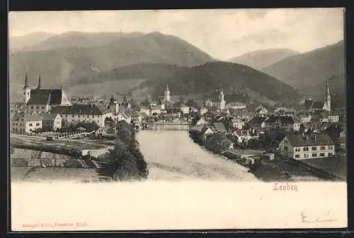 AK Leoben, Ortsansicht am Fluss mit der Brücke