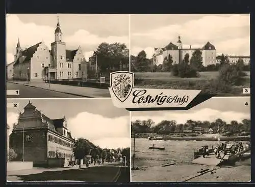 AK Coswig, Rathaus, Sparkasse, ehem. Schloss, Elbfähre, Wappen