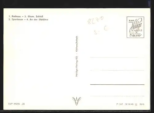 AK Coswig, Rathaus, Sparkasse, ehem. Schloss, Elbfähre, Wappen