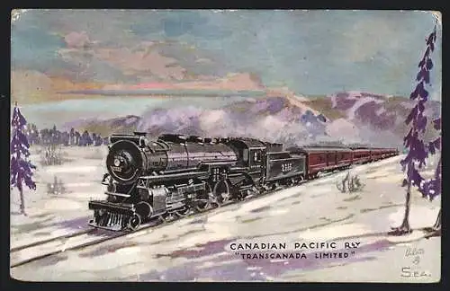 Künstler-AK Trans-Canada-Limited, Personenzug mit Dampflokomotive der Canadian Pacific Railways