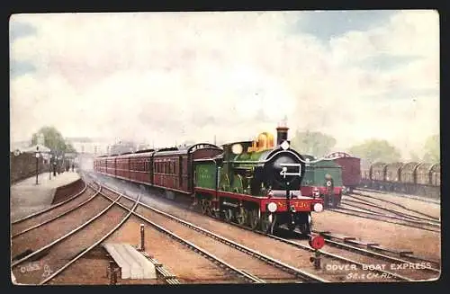 Künstler-AK englische Eisenbahn Dover Boat Express der Gesellschaft S.E. & CH.Railway, Locomotive Nr. 736
