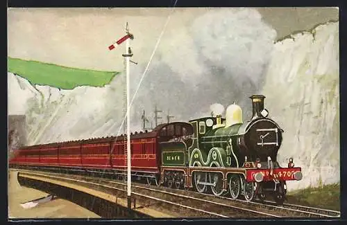 Künstler-AK SECR, 4-4-0 No. 470 passing Shakespeare Cliff, Dover, with a down train