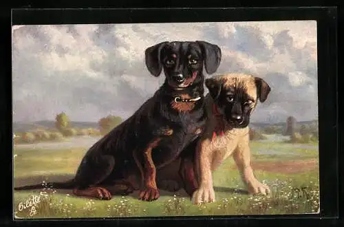 Künstler-AK Die Unheilstifter, Dackel neben einem weiteren Hund
