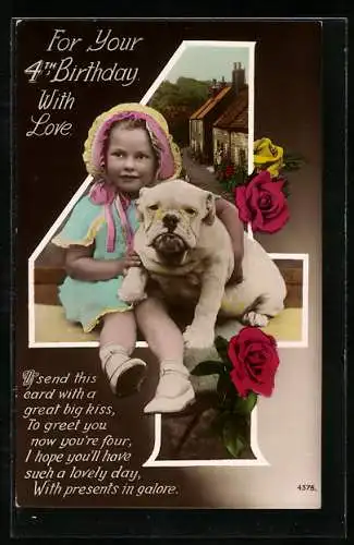 AK Englische Bulldogge und vierjähriges Geburtstagskind