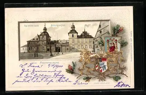 Passepartout-Lithographie Aschaffenburg, Kgl. höhere weibl. Bildungsanstalt und Wappen