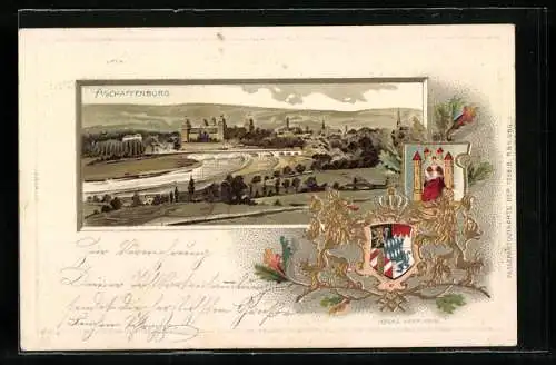 Passepartout-Lithographie Aschaffenburg, Gesamtansicht, Wappen