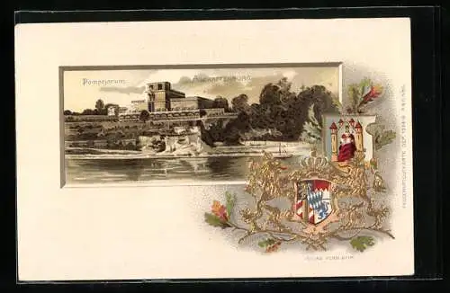 Passepartout-Lithographie Aschaffenburg, Wappen und Pompejanum