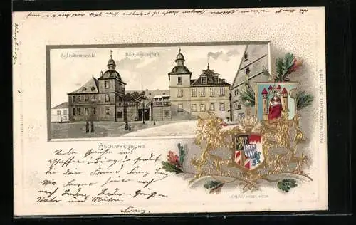 Passepartout-Lithographie Aschaffenburg, Kgl. höhere weibl. Bildungsanstalt und Wappen