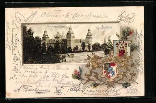 Passepartout-Lithographie Aschaffenburg, Ansicht vom Kgl. Schloss, Wappen