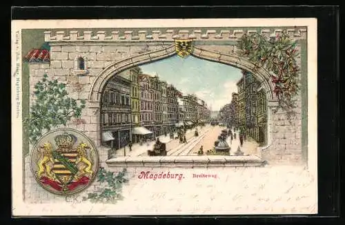 Passepartout-Lithographie Magdeburg, Strassenpartie am Breiteweg, Blick durch ein Mauerfenster