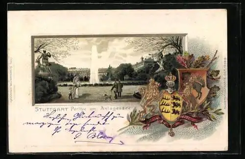 Lithographie Stuttgart, Partie am Anlagensee, Wappen