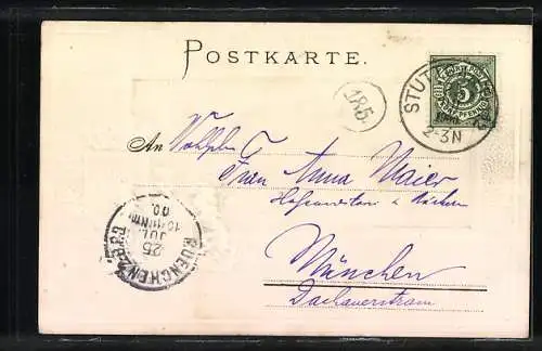 Lithographie Stuttgart, Partie am Anlagensee, Wappen