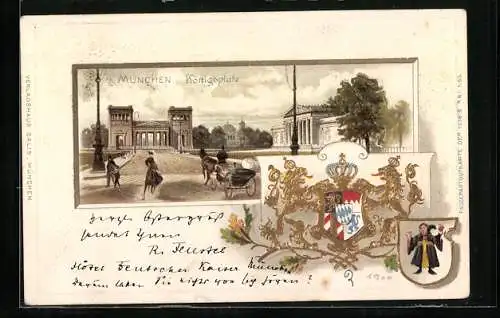 Passepartout-Lithographie München, Königsplatz, bayrisches Wappen und Münchner Kindl