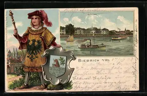 Passepartout-Lithographie Biebrich am Rhein, Flusspartie mit Schloss und Rheindampfern, Kleiner Herold mit Wappen