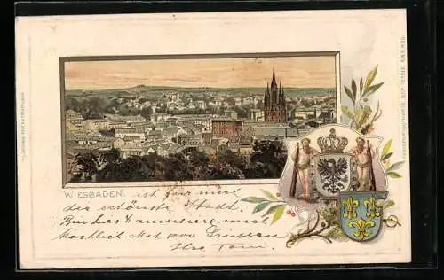 Passepartout-Lithographie Wiesbaden, Teilansicht mit Kirche, Wappen