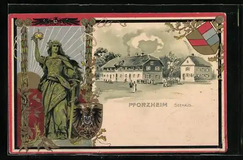 Passepartout-Lithographie Pforzheim, Am Seehaus, Germania mit Schwert und Krone