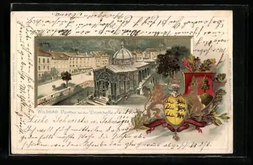 Passepartout-Lithographie Wildbad / Enz, Parthie bei der Trinkhalle, Stadtwappen