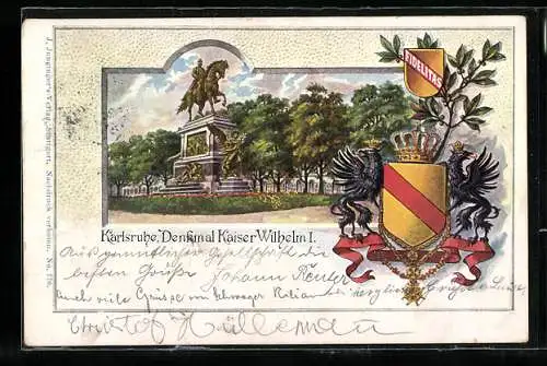 Passepartout-Lithographie Karlsruhe, Wappen, Denkmal Kaiser Wilhelm I.