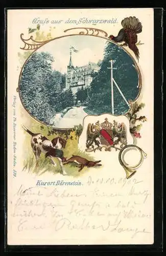 Passepartout-Lithographie Bärenstein /Schwarzwald, Ansicht vom Kurhaus, Jagdhund mit Beute