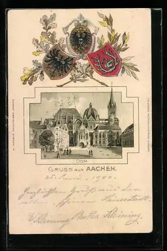 Passepartout-Lithographie Aachen, Dom mit geprägten Wappen