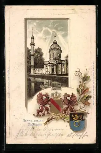 Passepartout-Lithographie Schwetzingen, Blick auf die Moschee, Wappen