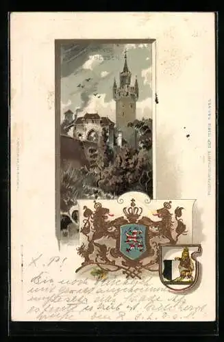Passepartout-Lithographie Friedberg / Hessen, Burg, Wappen