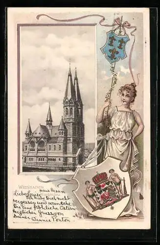 Passepartout-Lithographie Wiesbaden, Ringkirche, Frau mit Wappen