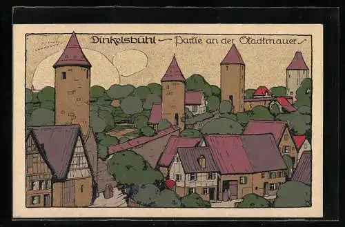 Steindruck-AK Dinkelsbühl, Partie an der Stadtmauer