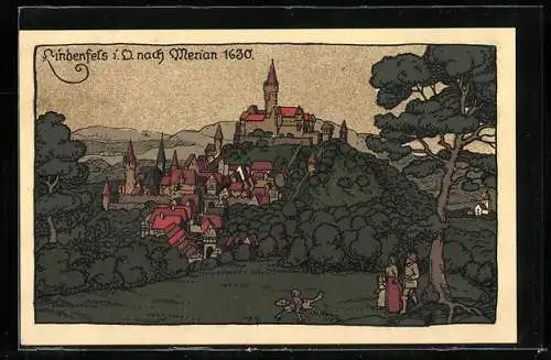 Steindruck-AK Lindenfels, Ortsansicht nach Merian 1630