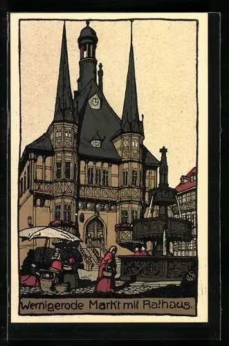Steindruck-AK Wernigerode, Partie am Markt mit Rathaus