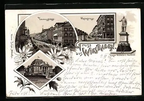 Lithographie Wiesbaden, Taunusstrasse, Königl. Hoftheater, Rheinstrasse, Kaiser Wilhelm I. Denkmal