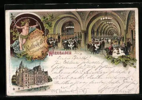 Lithographie Wiesbaden, Gasthaus Rathskeller von C. Bausenhart
