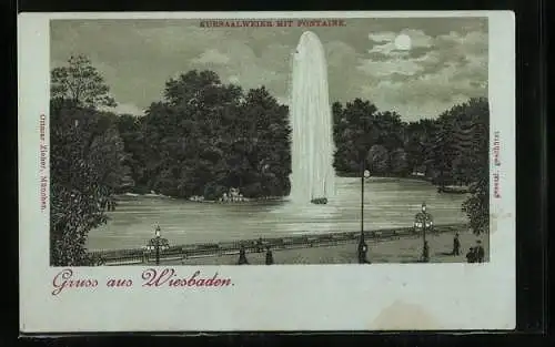 Mondschein-Lithographie Wiesbaden, Kursaalweier mit Fontaine