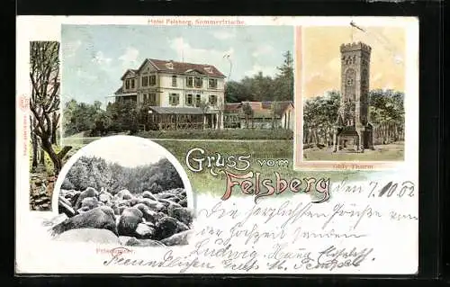 Lithographie Felsberg / Odenwald, Hotel Felsberg, Ohly Thurm