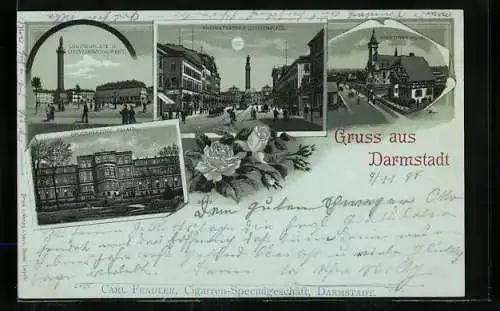 Mondschein-Lithographie Darmstadt, Rheinstrasse u. Louisenplatz, Louisenplatz u. Ludwigsmonument