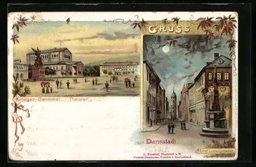 Lithographie Darmstadt, Krieger-Denkmal und Blick in die Ernst Ludwigstrasse