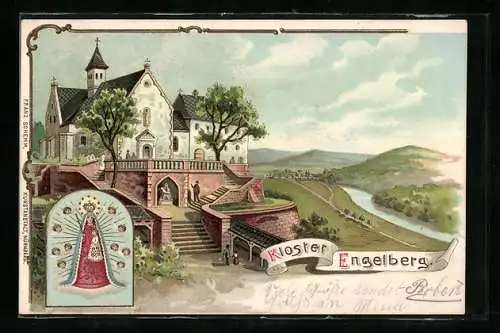Lithographie Grossheubach, Kloster Engelberg mit Fluss- und Ortsblick, Marienbild