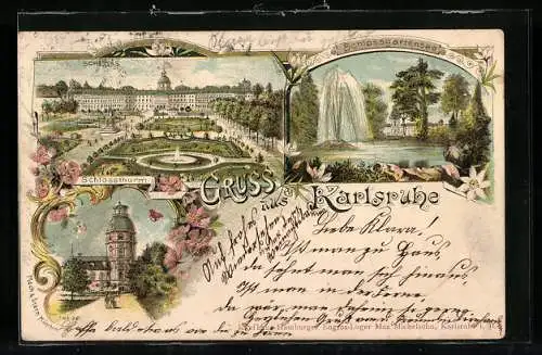 Lithographie Karlsruhe, Schlossgartensee, Schloss, Schlossthurm