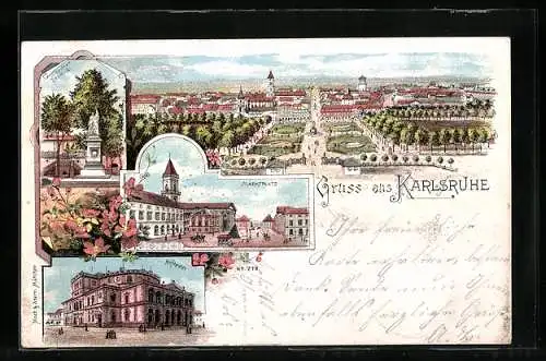 Lithographie Karlsruhe, Ortsansicht, Kriederdenkmal, Marktplatz, Hoftheater