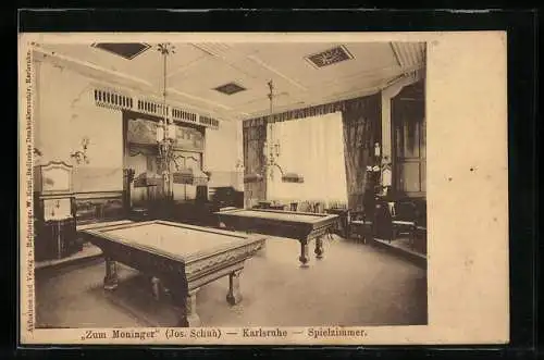 AK Karlsruhe, Gasthaus Zum Moninger Jos. Schuh, Spielzimmer mit Billardtischen