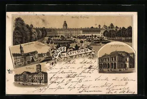 Lithographie Karlsruhe i. B., Grossh. Schloss, Marktplatz, Rathaus, Hoftheater