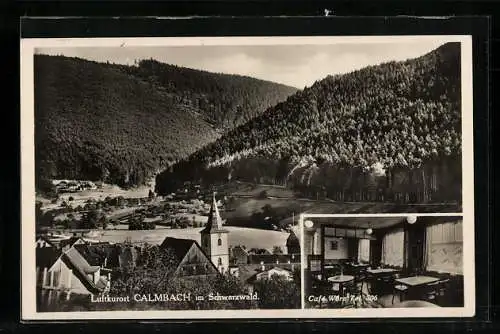 AK Calmbach im Schwarzwald, Café Wörz, Ortsansicht mit Kirche